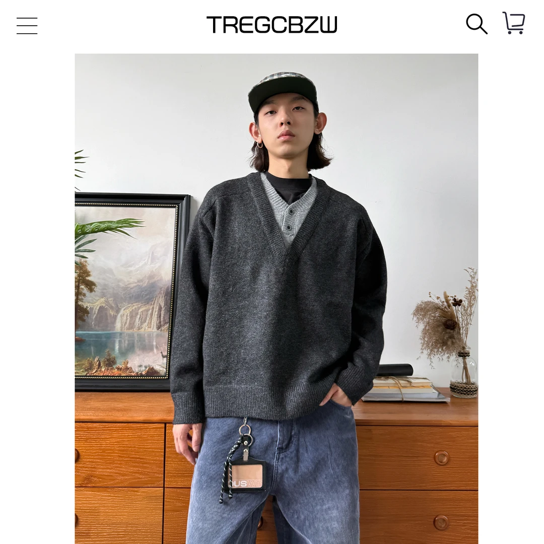 CBZW美式设计感假两件V领毛衣男复古慵懒风cleanfit保暖针织上衣