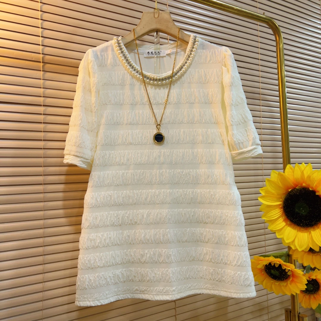 RF初夏新款重工钉珠遮肉显瘦短袖T恤上衣