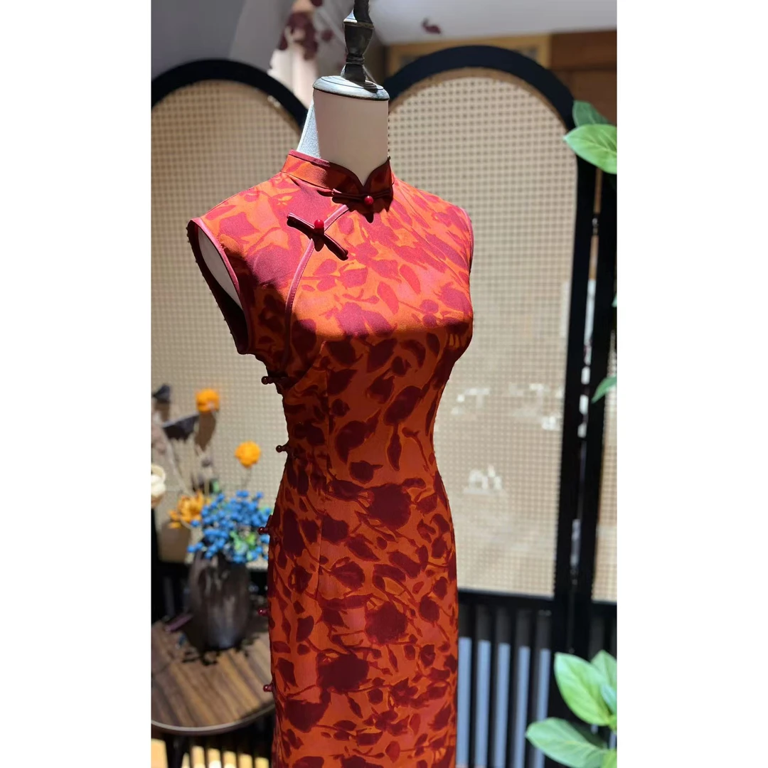 戚薇原创【红豆】长118左右新款新中式国风品质乔其纱旗袍