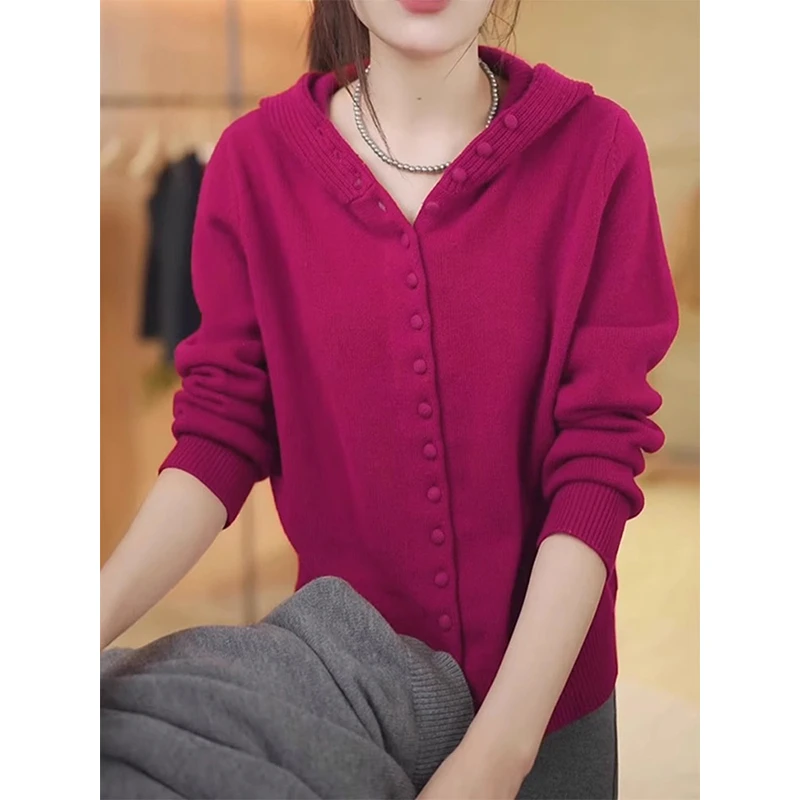 玫红色毛衣女2024新款爆款秋冬季高级感洋气休闲连帽针织开衫外套