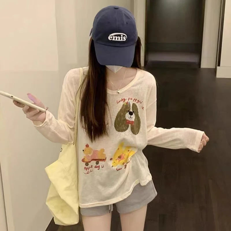日系卡通印花长袖T恤女夏季慵懒风度假防晒宽松休闲百搭圆领上衣