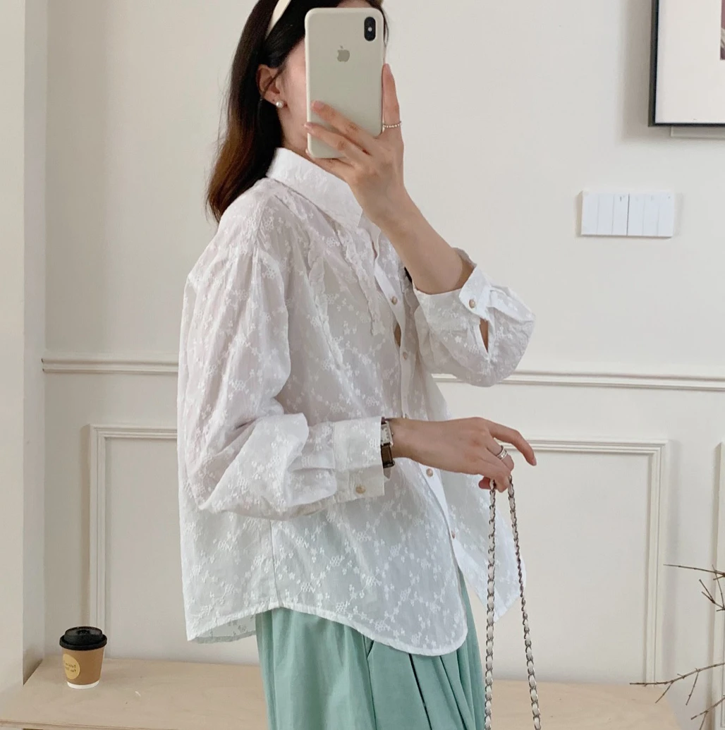气质小众翻领提花刺绣女衬衫长袖时尚休闲百搭设计感