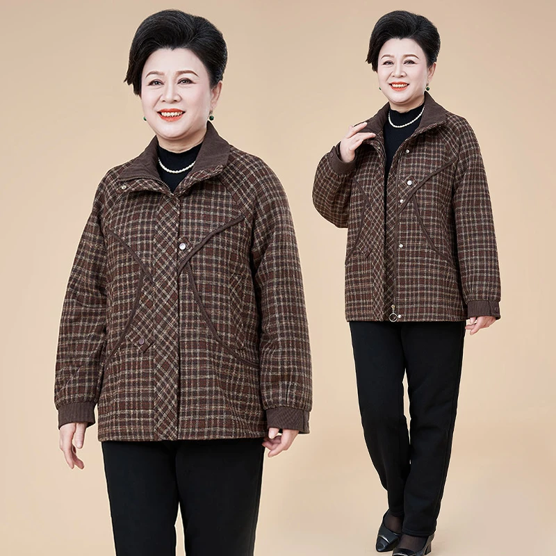 中老年女装春秋洋气翻领格子外套阔太太新款女装大码夹克妈妈装女