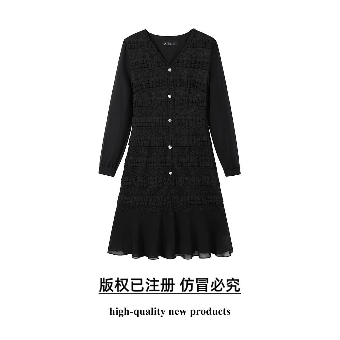 奢姿大码女装2025秋季时尚蕾丝褶皱设计连衣裙胖妹妹气质减龄裙子