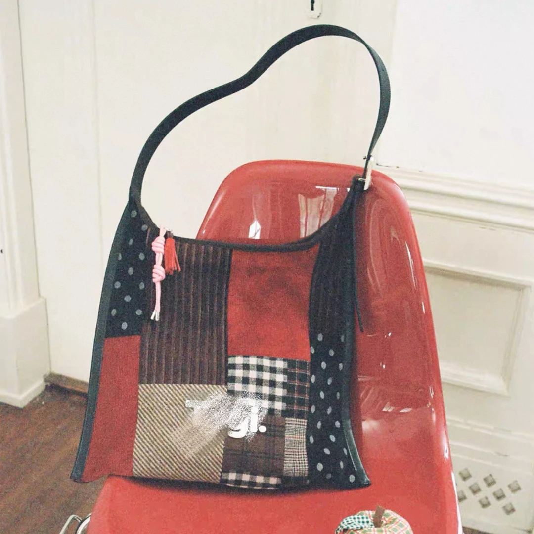 红色托特-拼色秋冬美拉德大容量通勤复古单肩斜跨肩带可调节