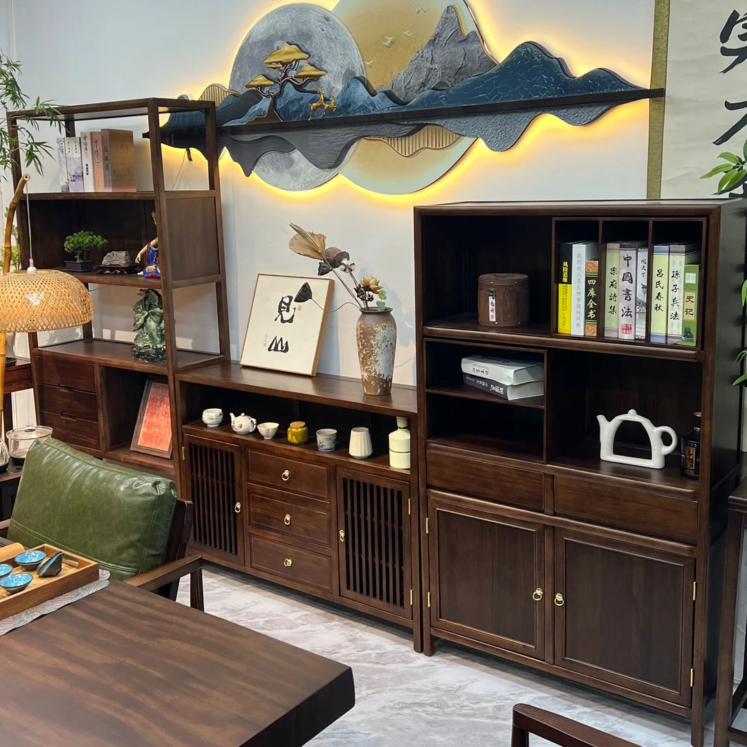 中高低挂画博古架三组合新中式榫卯结构多宝阁茶叶柜胡桃木艺术架
