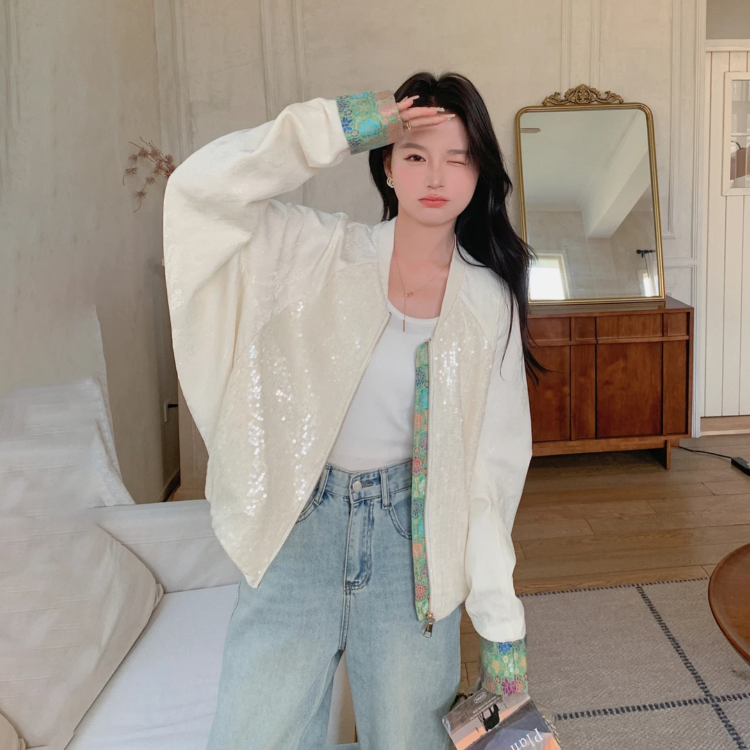 新中式亮片棒球服薄外套女2025春秋新款休闲运动白色夹克衫短上衣