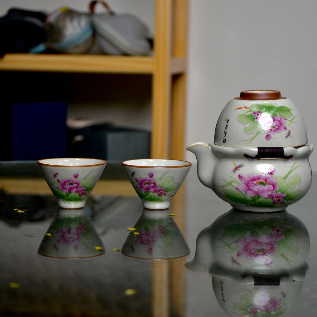 当代 出差旅行快客杯旅行茶具便捷包手抓壶汝窑高端旅行荷花三杯
