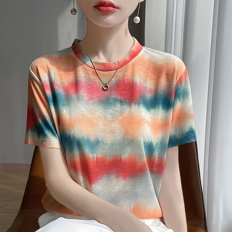 涂鸦短袖T恤百搭宽松时尚针织半袖Z591-晕染橘