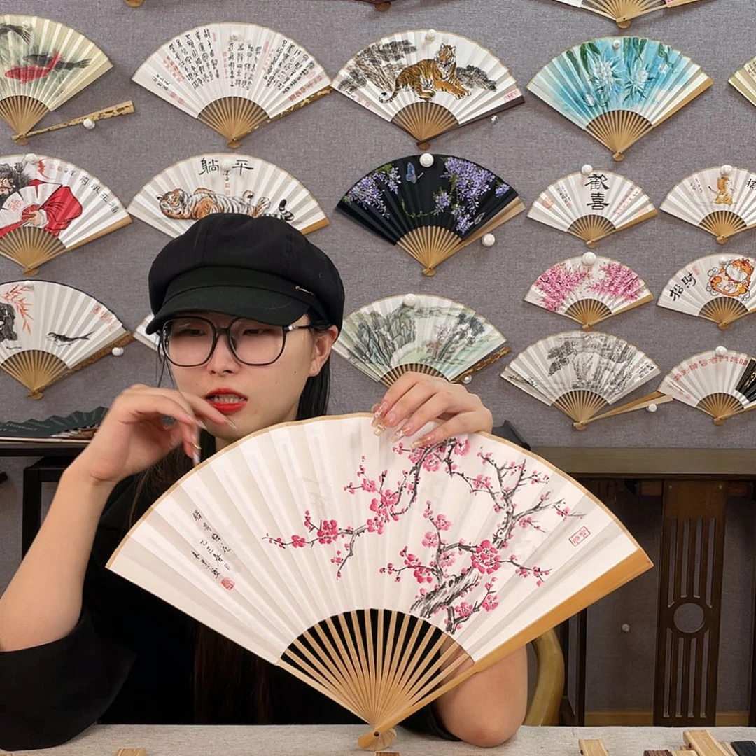 国画95寸玉竹-纯手绘-文玩扇骨（默认粘好）