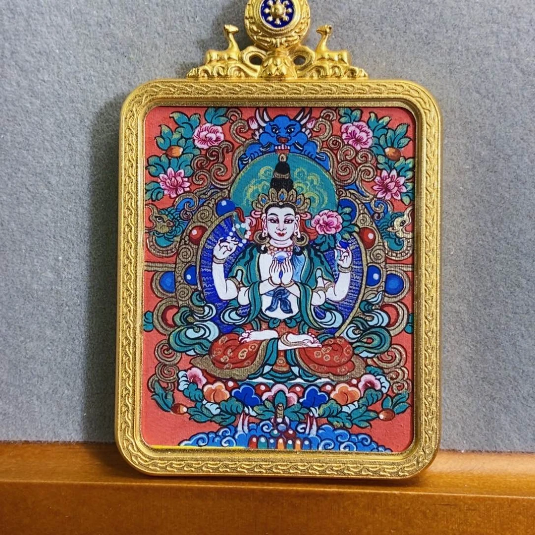 吊坠纯手绘唐卡四臂观音