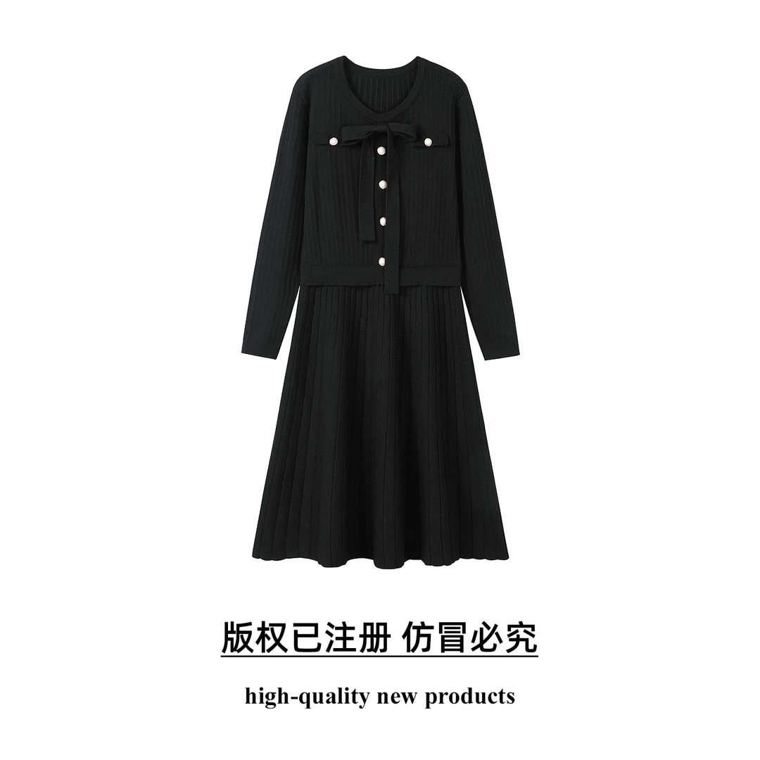 奢姿2025秋季大码毛衣连衣裙女假两件蝴蝶结珍珠扣针织裙气质款
