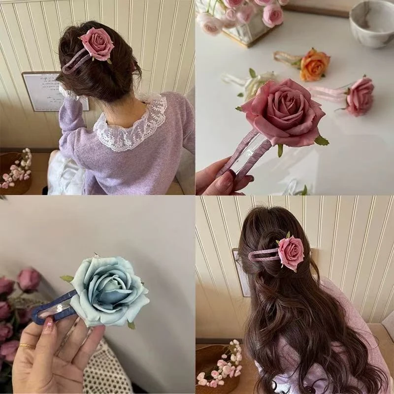高级感仿真玫瑰花鸭嘴夹女后脑勺盘发大号一字夹发夹头花抓夹发饰