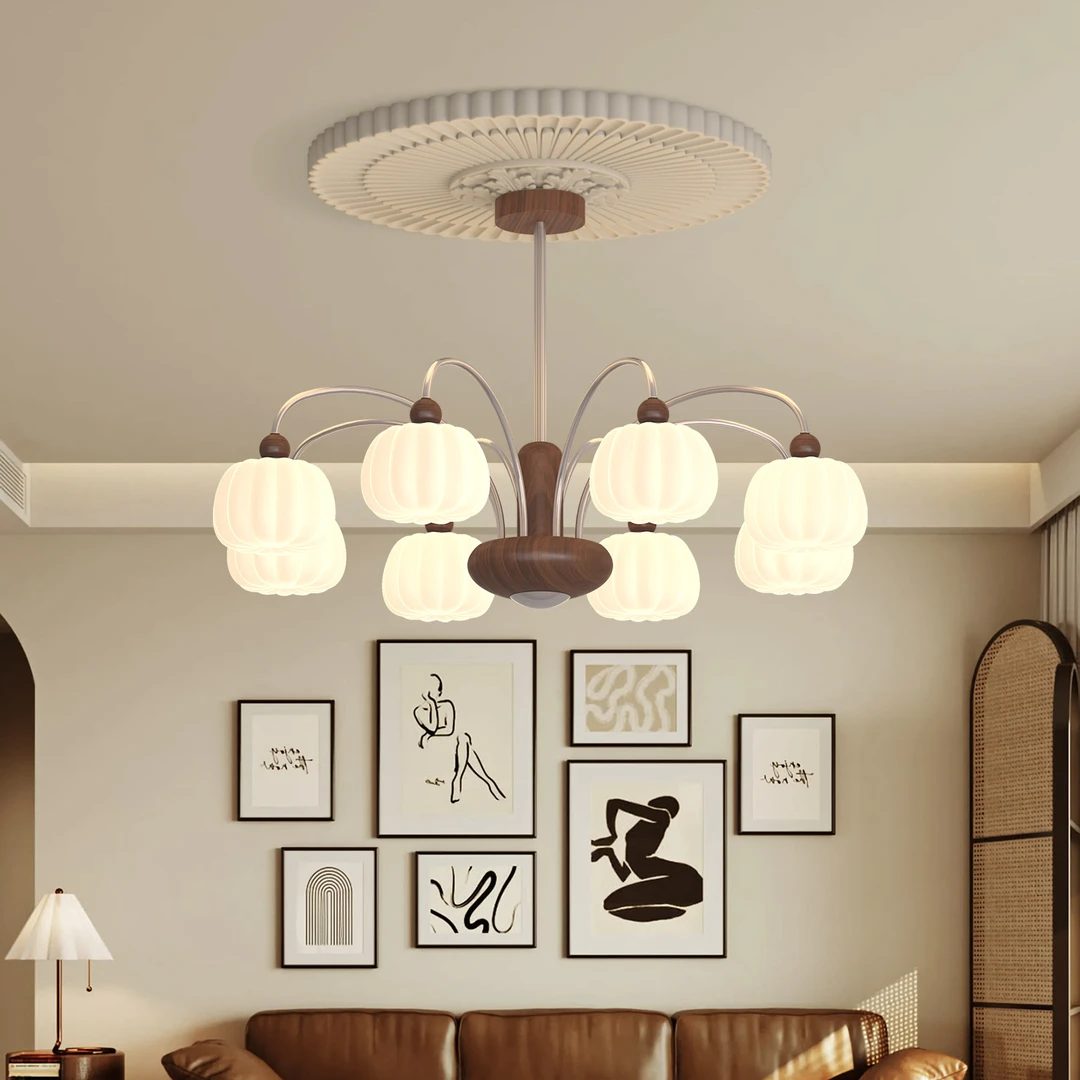 客厅吊灯中古风南瓜复古胡桃木色高级感大厅主灯法式中山餐厅灯具