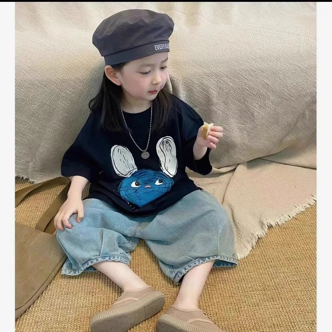 儿童套装夏季短袖韩版T恤新款女童薄款牛仔裤夏款短袖短裤两件套