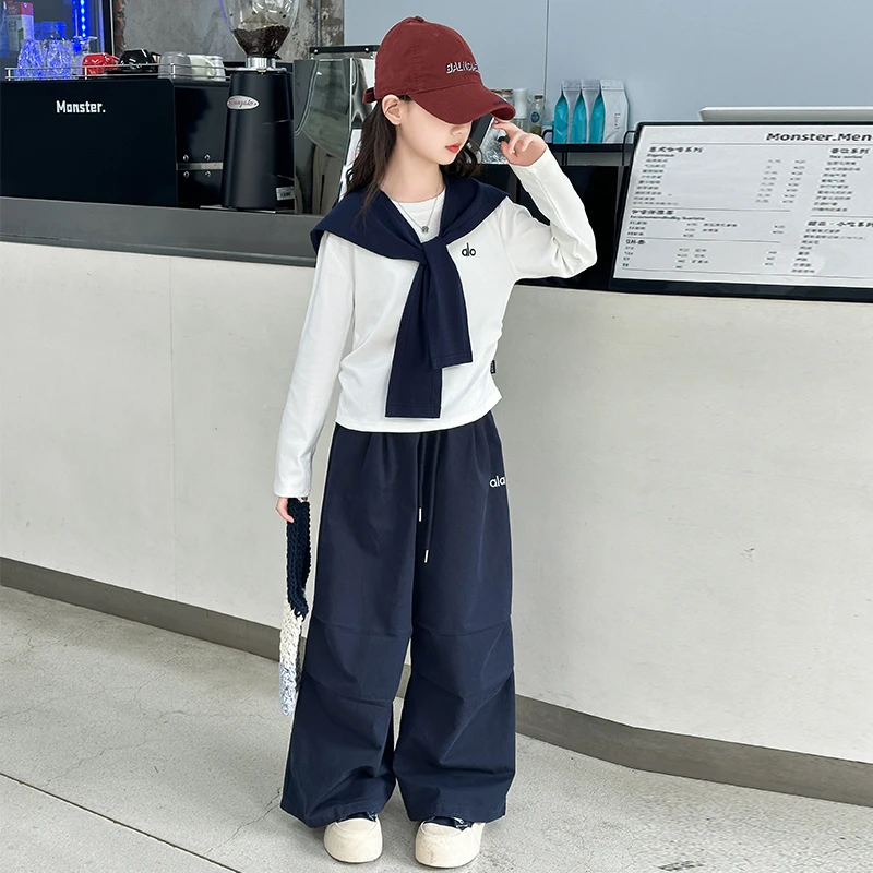 女大童套装秋季休闲带披肩长袖阔腿裤2025新款儿童秋装韩系洋气潮