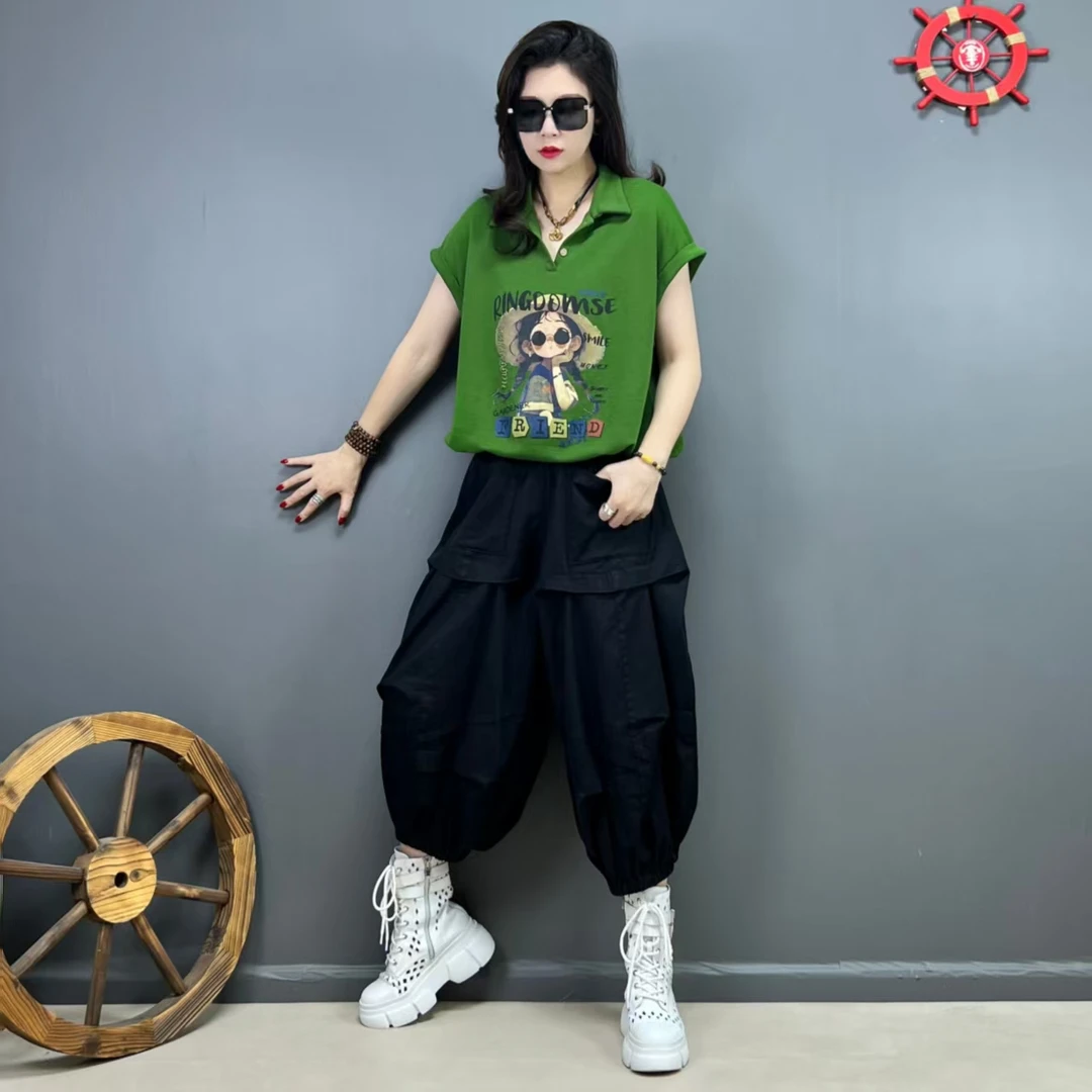 时尚洋气气质翻领PoLo衫下摆带抽绳、个性时尚阔腿灯笼裤八分裤