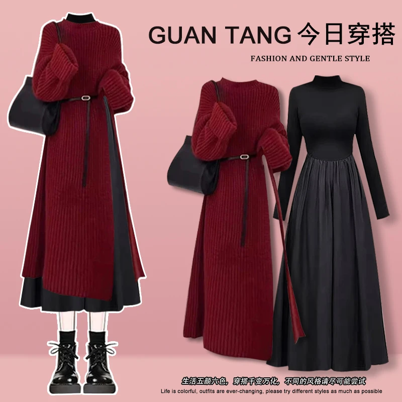 深秋初冬2024新年战袍毛衣赫本风高级感圣诞穿搭红色连衣裙套装裙