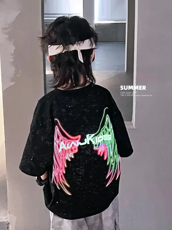 纯棉男童2025新款短袖T恤后背翅膀设计夏季中大童百搭休闲短袖