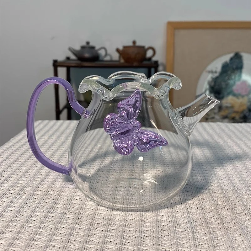 耐热玻璃紫蝴蝶公道杯茶具高颜值紫色蝴蝶花口带过滤孔茶具配件