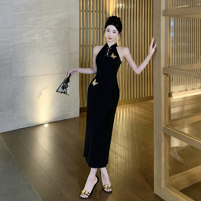 新中式轻熟复古法式挂脖改良旗袍纯欲风夏季设计感开叉包臀连衣裙