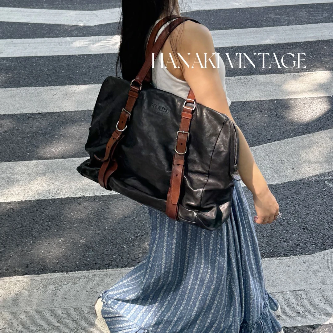 95新 Prada/普拉达 花绮中古/Prada压印拼色秀款托特单肩包/95新