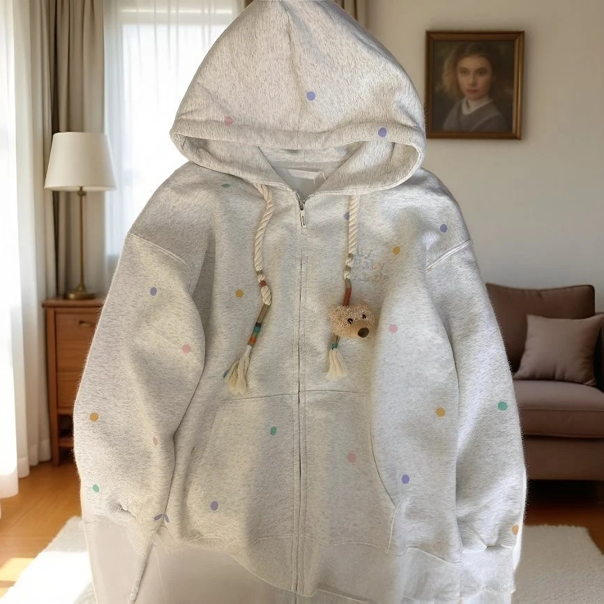 特大码300斤美式复古彩色波点连帽开衫卫衣男女2025新款情侣外套