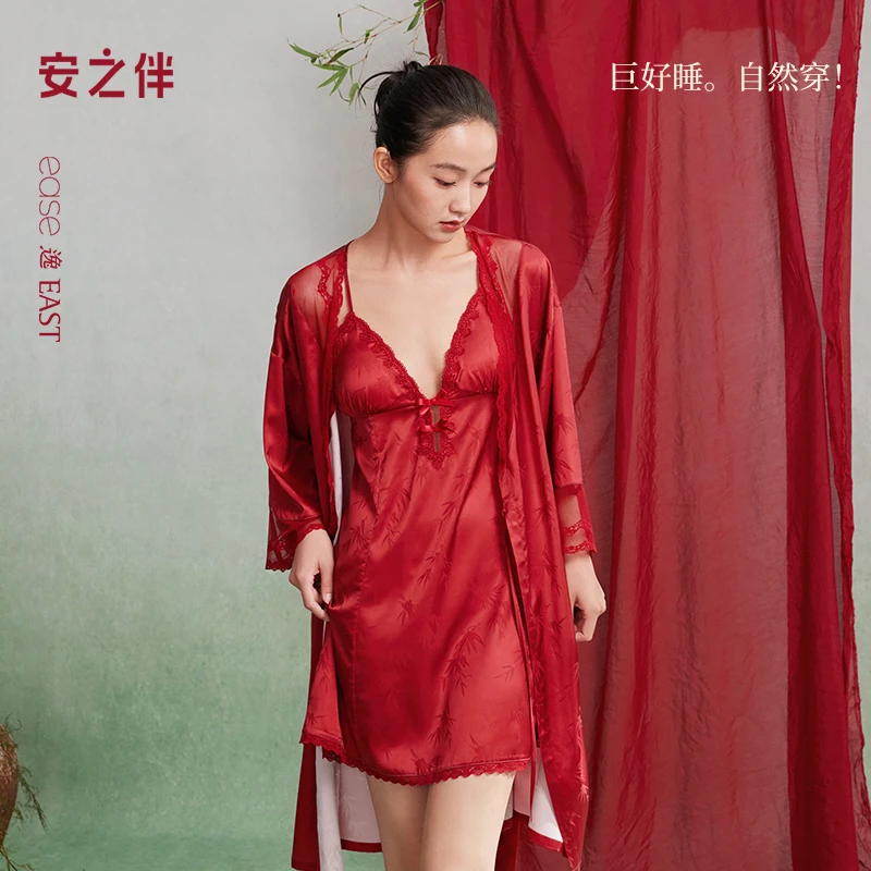 安之伴安之伴【巨柔软】睡衣女春秋冰丝新婚红吊带睡袍82511621993