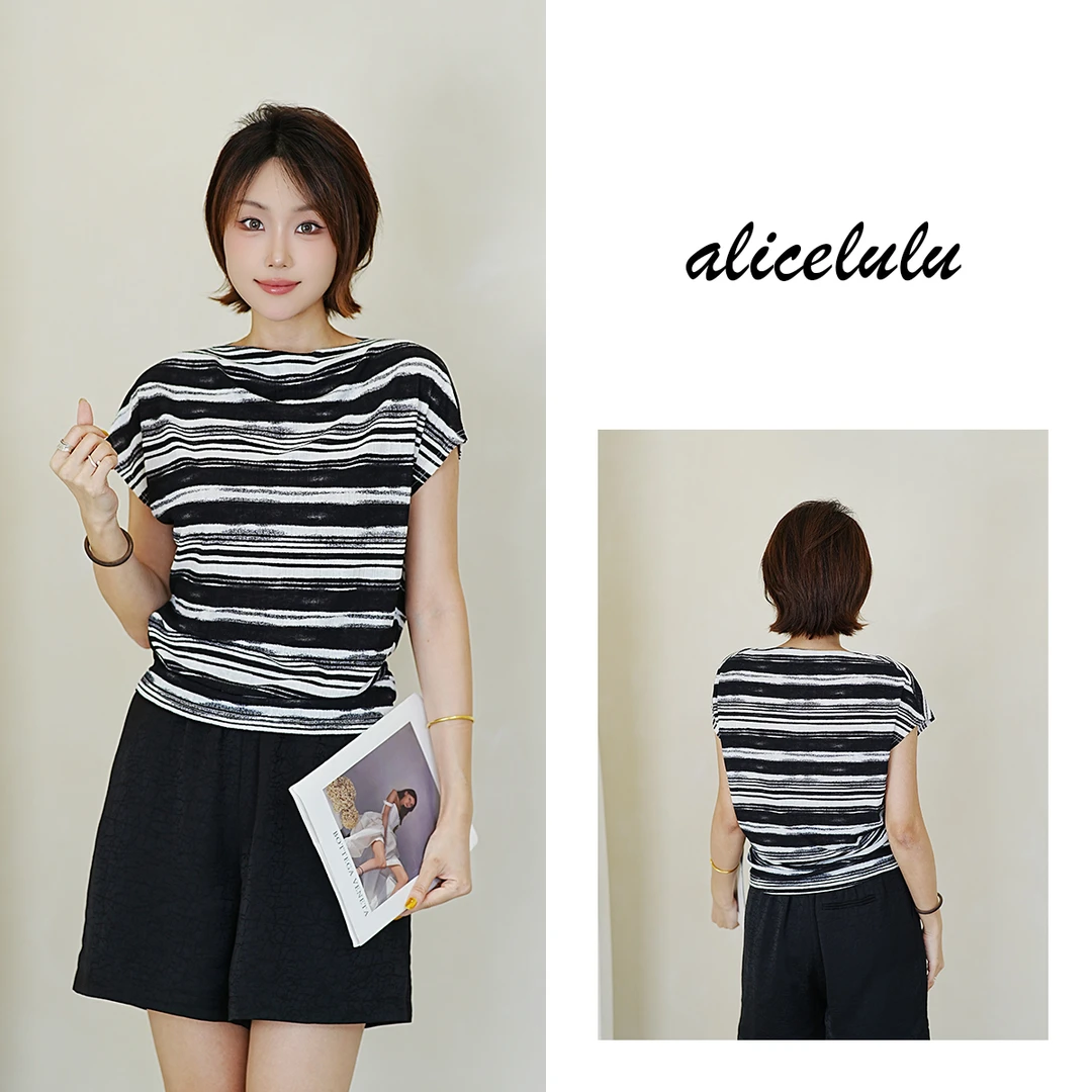 [alicelulu]小众时尚条纹短袖T恤透气设计感显瘦S2143973L