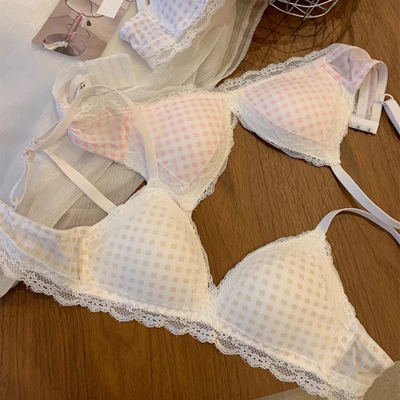 嘉花魅 甜美蕾丝格子内衣女薄款透气小胸聚拢收副乳三角杯文胸罩