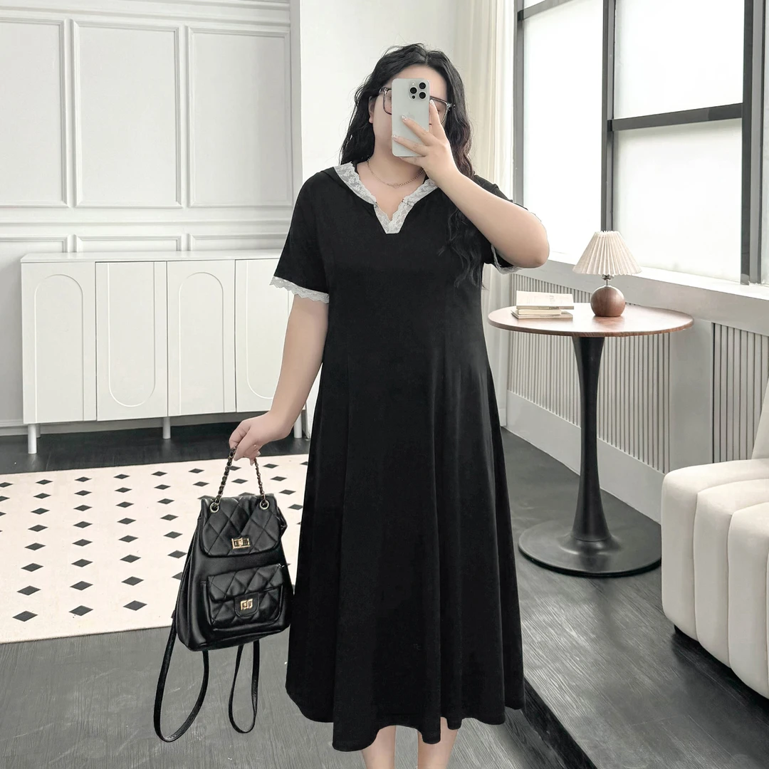 DX7828大码女装【街拍小黑裙】蕾丝连帽连衣裙夏季胖mm气质短袖裙子