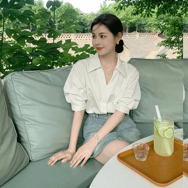 法式复古风泡泡袖白衬衫女夏季新款宽松显瘦韩版休闲通勤气质衬衫