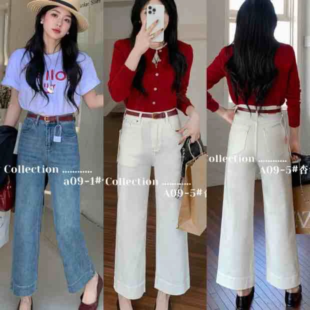 薇莎A09【现货】小个子九分微弹直筒阔腿牛仔裤配红皮带