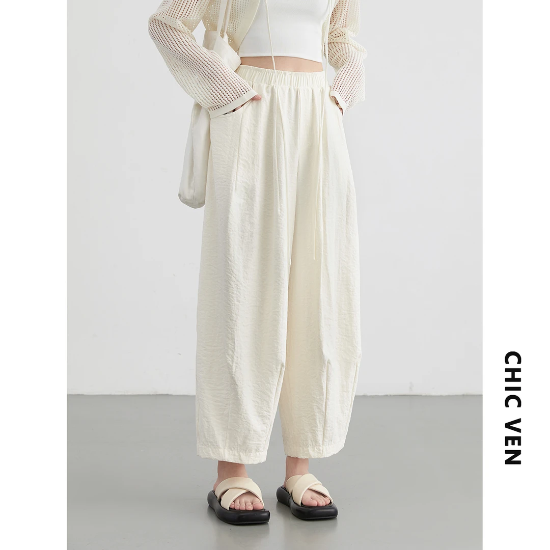 CHICVEN夏季日系松紧高腰褶皱阔腿休闲裤九分萝卜裤124XK80420