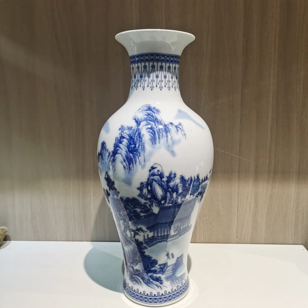 景德镇陶瓷花瓶青花山水鱼尾瓶45公分高