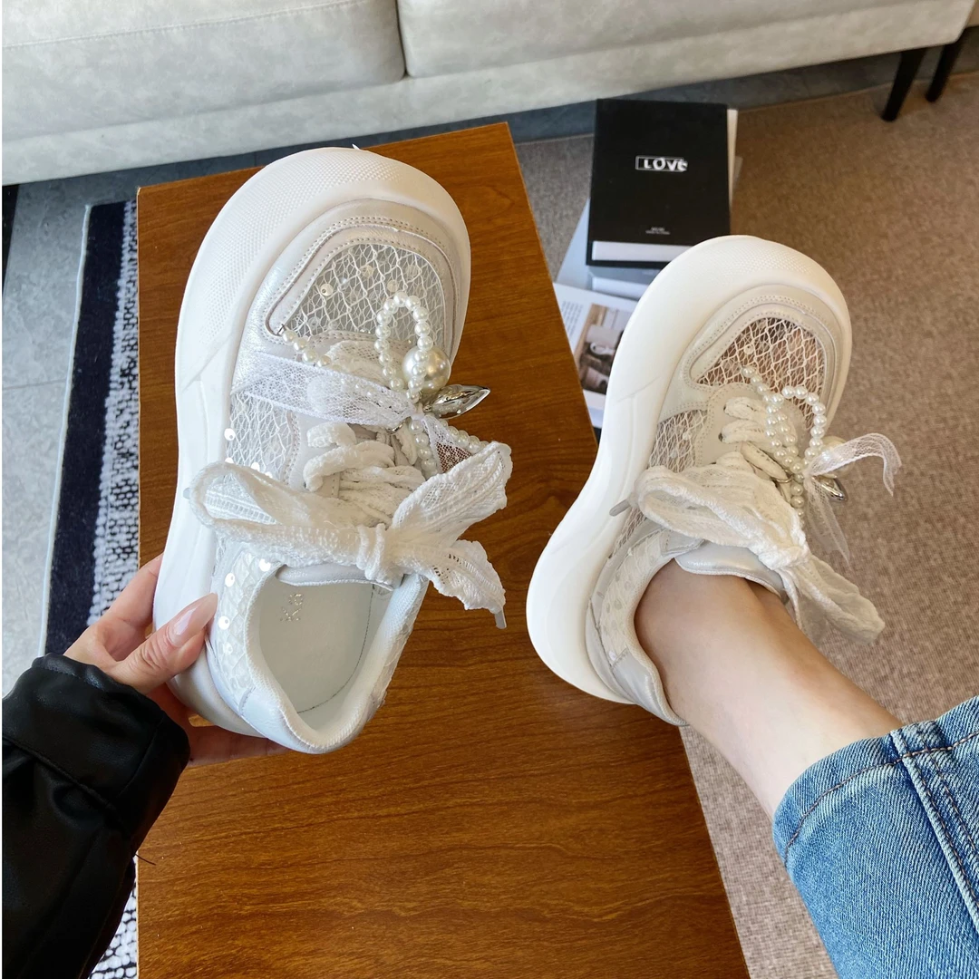 欧洲站2025夏季新款网面透气时尚百搭休闲板鞋厚底真皮拼接松糕鞋