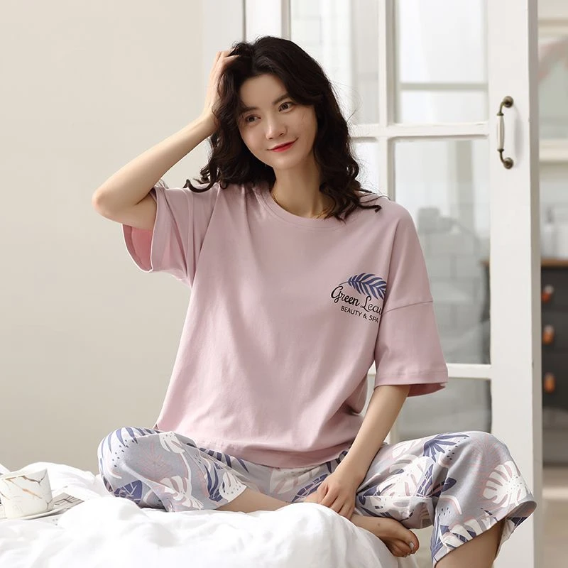 睡衣女夏季短袖七分裤高档休闲韩版薄款可外穿女士家居服套装夏款