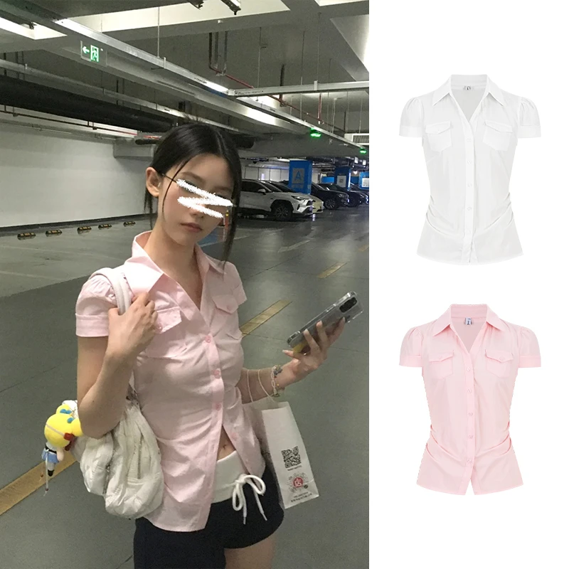 Moses Queen/魔西女王粉色口袋掐腰修身短袖衬衫时髦凉感收腰上衣