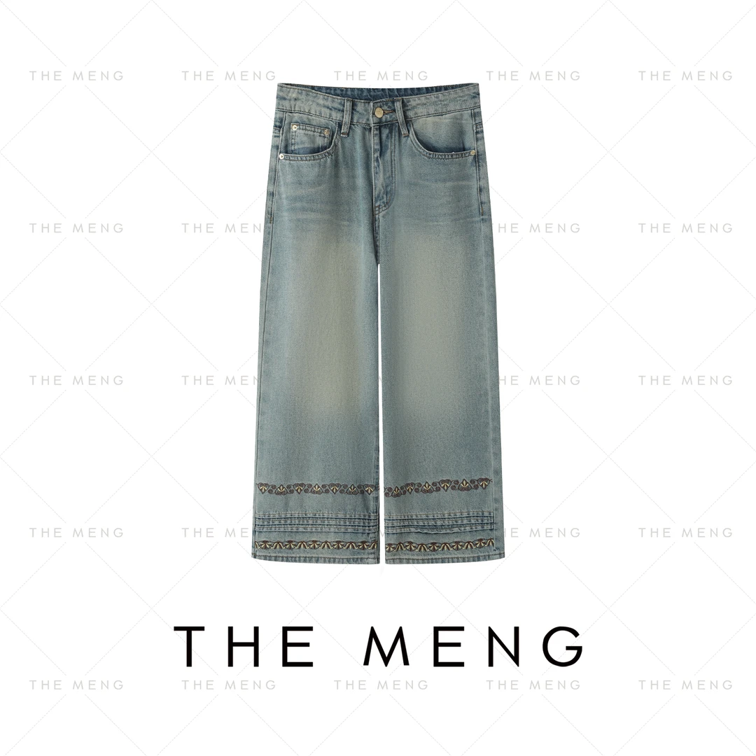 THE MENG【花絮】水洗棉刺绣简约通勤百搭阔腿牛仔裤#M252P0621