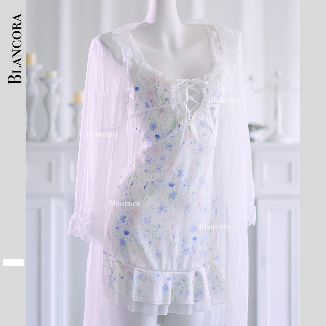 Blancora·椿野|清新甜美纯欲白色碎花带胸垫荷叶边居家服睡裙外袍