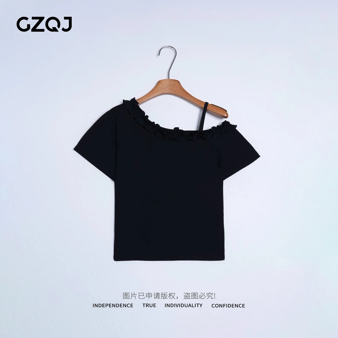 广州琴姐【黑色玫瑰】欧若风露肩胸前花边黑色短袖T恤女士夏季7588