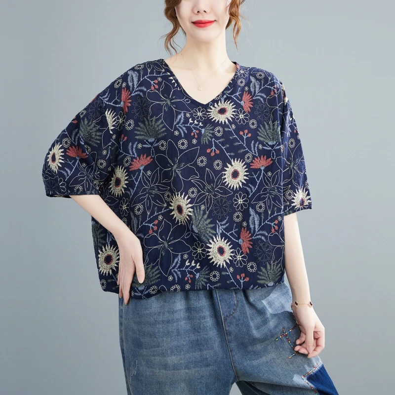 时尚棉麻印花V领五分袖衬衫女2025夏季宽松大码显瘦洋气百搭上衣