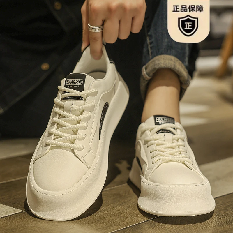 木林森男鞋2025新款夏季运动皮面小白鞋男士休闲板鞋软底百搭潮鞋