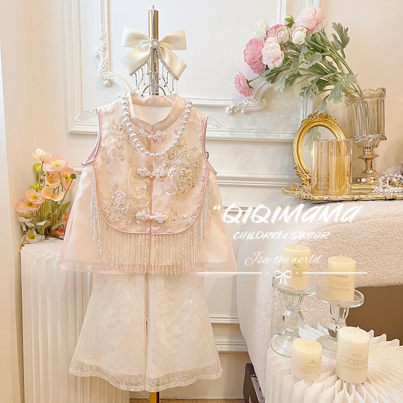 【QI奇妈现货】新·女童中国风马甲新中式儿童女宝精致童装套装Q0614