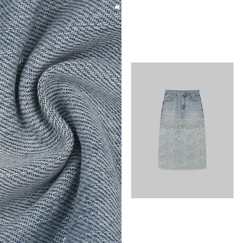 牛仔拼接提花蕾丝半身裙女2025年夏季新款时尚气质烫钻中长款裙子