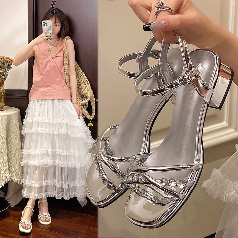 法式粗跟凉鞋女2025新款夏季时尚水钻仙女配裙子气质米兰达高跟鞋