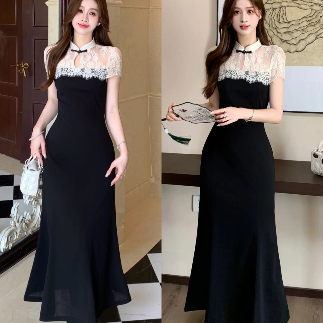 大码女装2025夏新款锦绣河山新中式蕾丝连衣裙针织收腰拼接长裙女