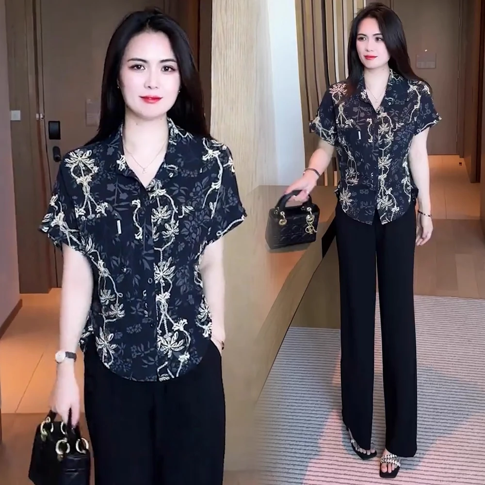 时尚印花短袖衬衫女2025夏新款洋气大码宽松显瘦百搭小个子上衣潮