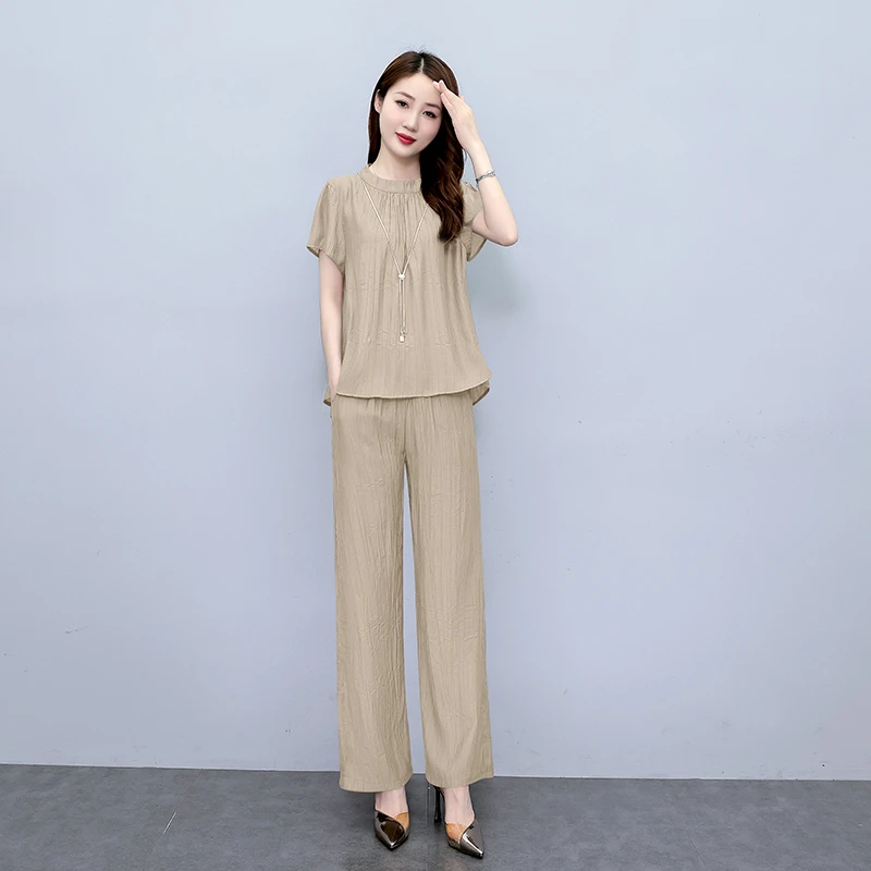 【送挂饰】中年妈妈冰丝套装2025新款夏短袖阔腿裤宽松大码两件套