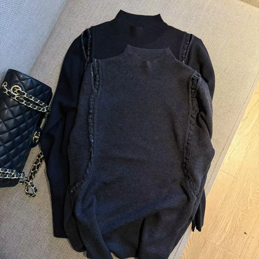 阿黎精选-------秋冬设计款花边烫钻桑蚕丝羊毛打底针织衫